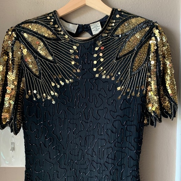 Vintage LAURENCE KAZAR Gold and Black Silk Sequin Open Back Midi Dress - Picture 1 of 13